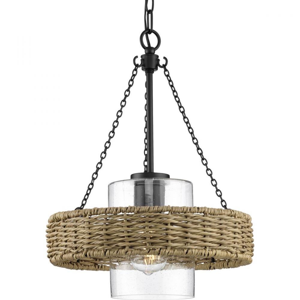 Pembroke Collection One-Light 18.5" Matte Black Coastal Outdoor Pendant with Mocha Rattan Accent