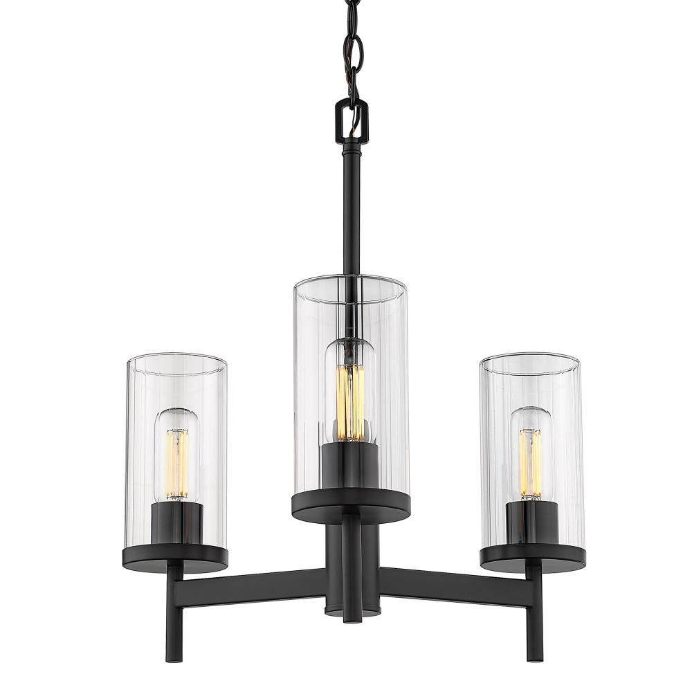 Winslett 3 Light Chandelier in Matte Black with Ribbed Clear Glass Shades :  HFVH | Sunbelt Lighting